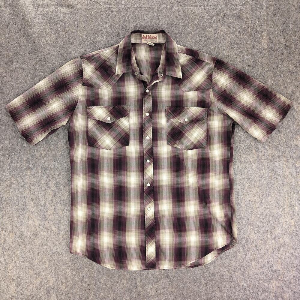 Saddlebrook Shirt Mens Large Purple Plaid Western Snap Button Short Sleeve Rodeo